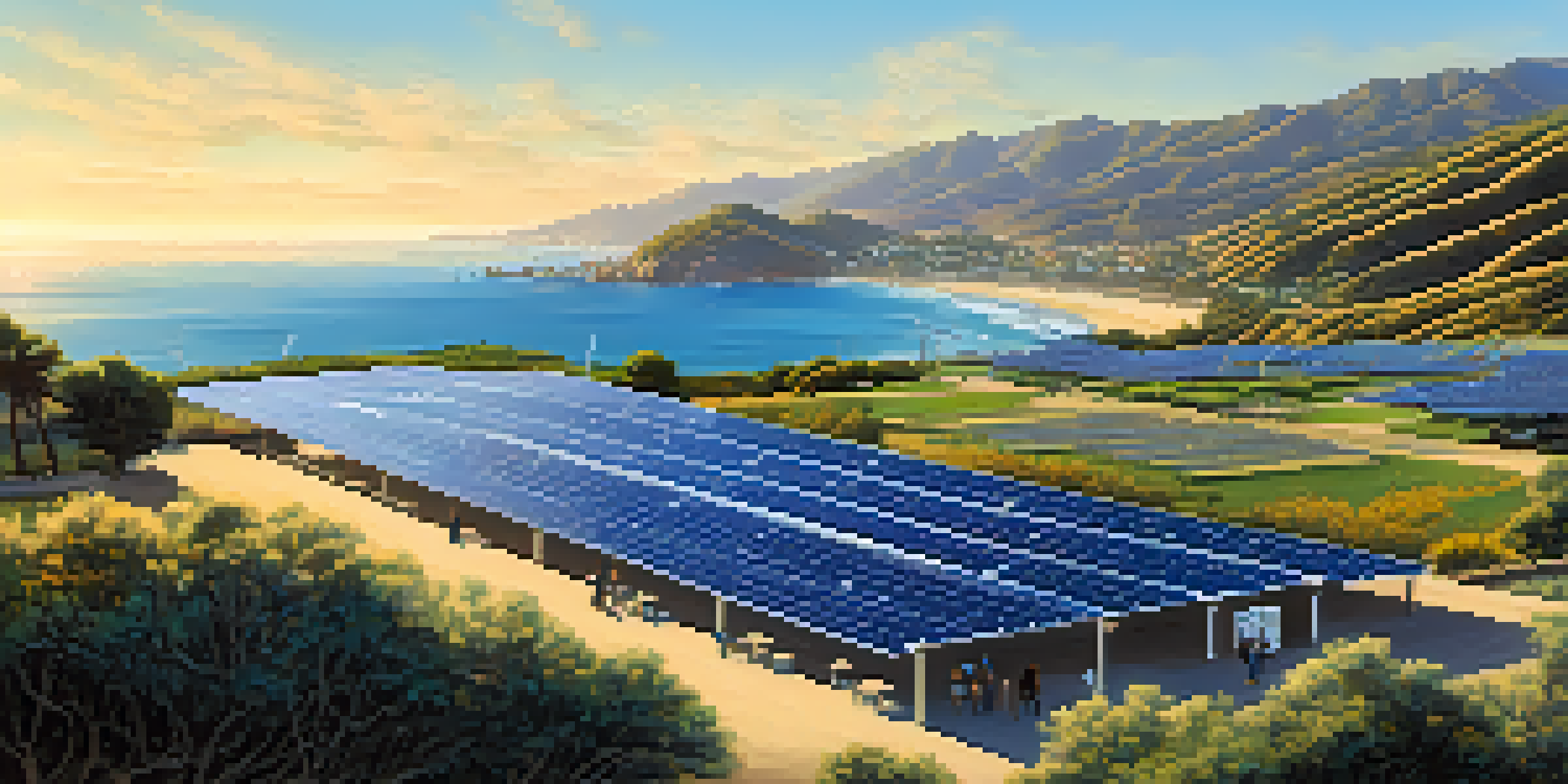A community solar project in Malibu with a solar array and residents discussing the initiative, set against a scenic coastal backdrop.