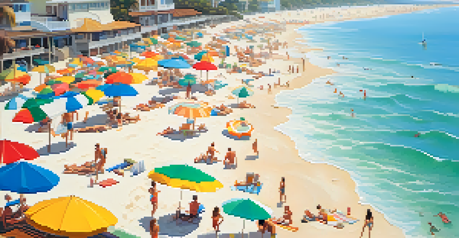 An aerial view of a sunny beach with umbrellas, towels, and surfers in the water, along with a lifeguard tower.