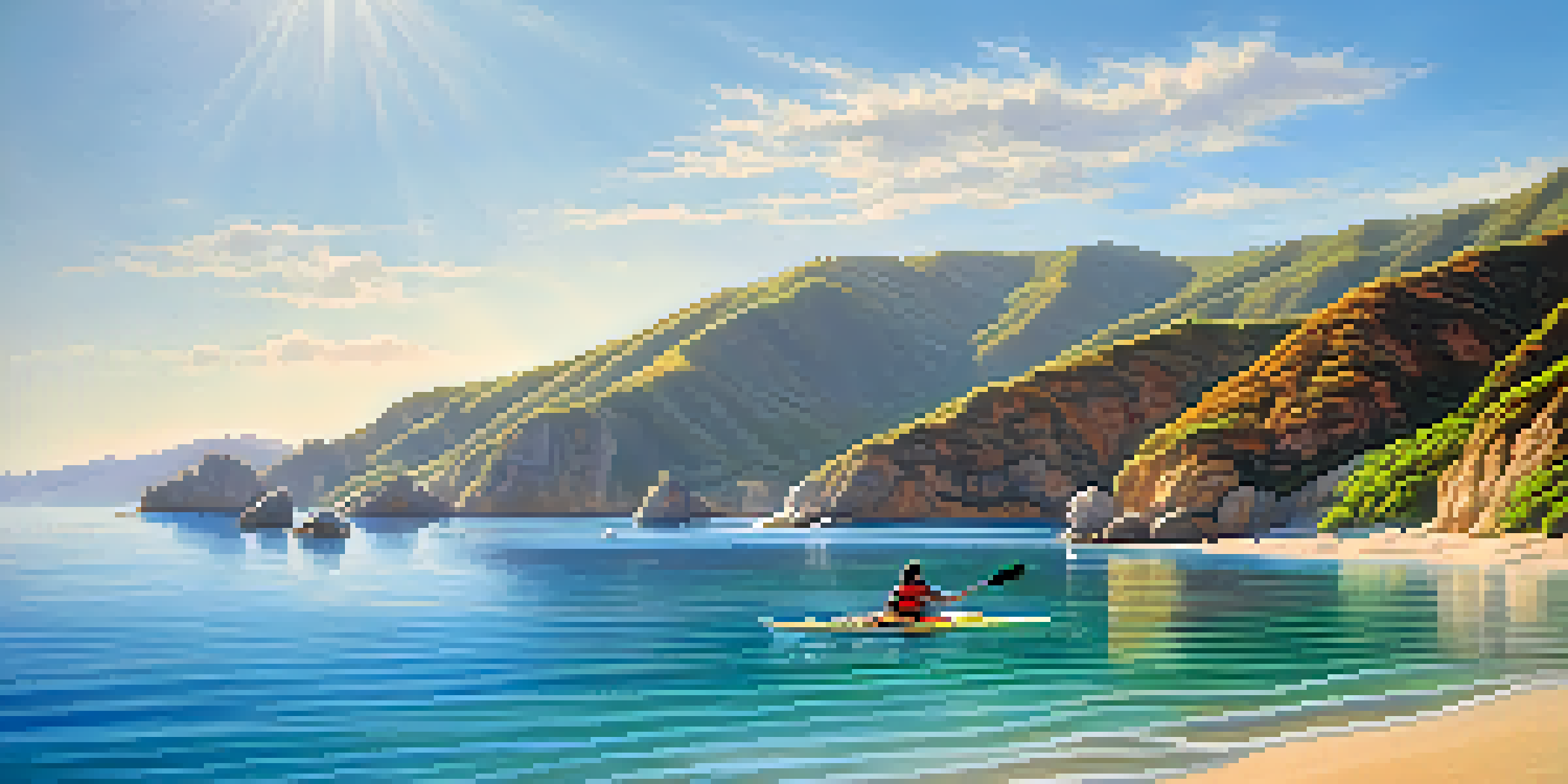 A kayaker in clear waters near Malibu, with dolphins and green cliffs in the background under a clear blue sky.