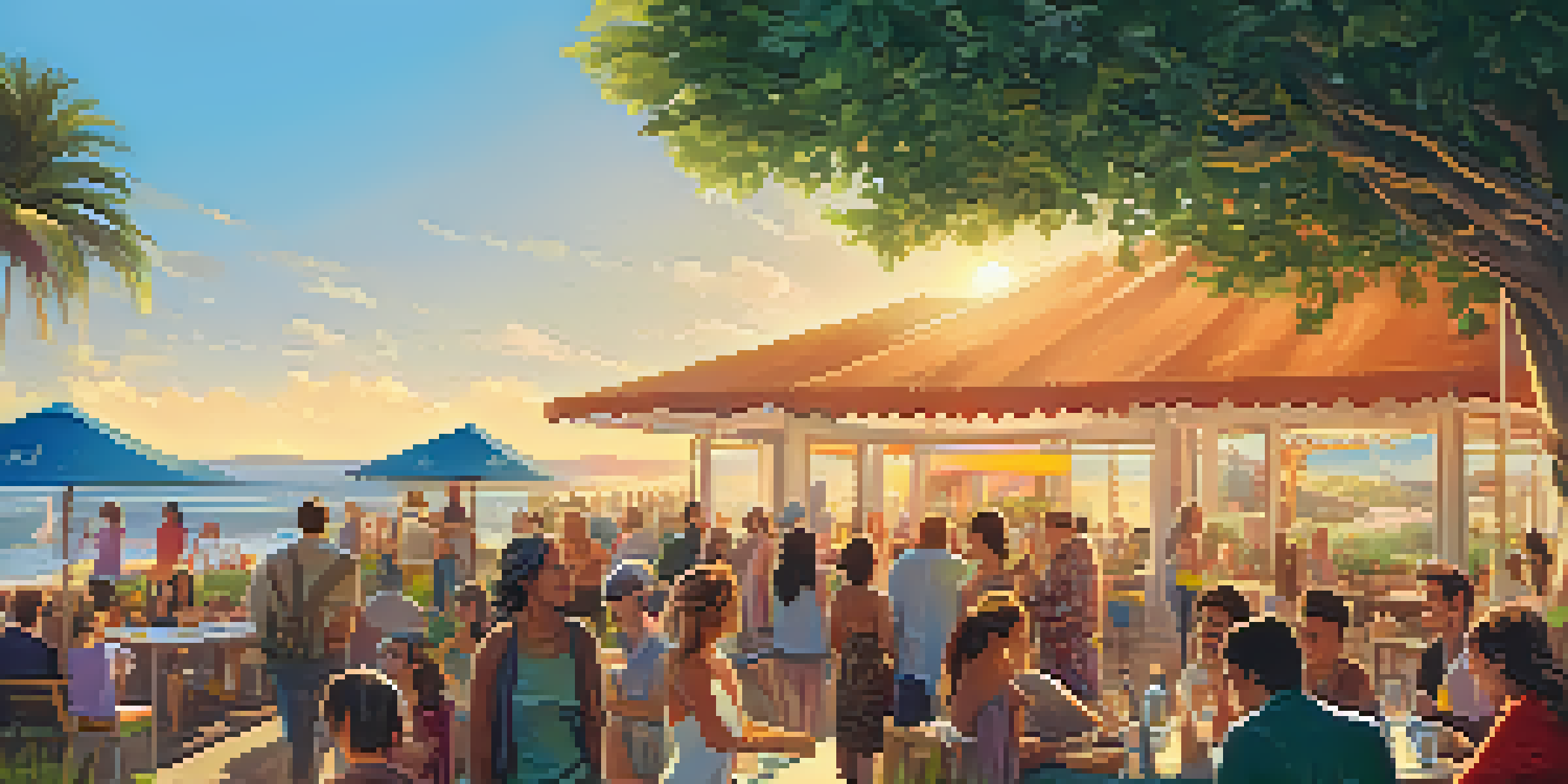A lively outdoor scene at Malibu's Film Festival with diverse attendees and a beautiful beach backdrop.