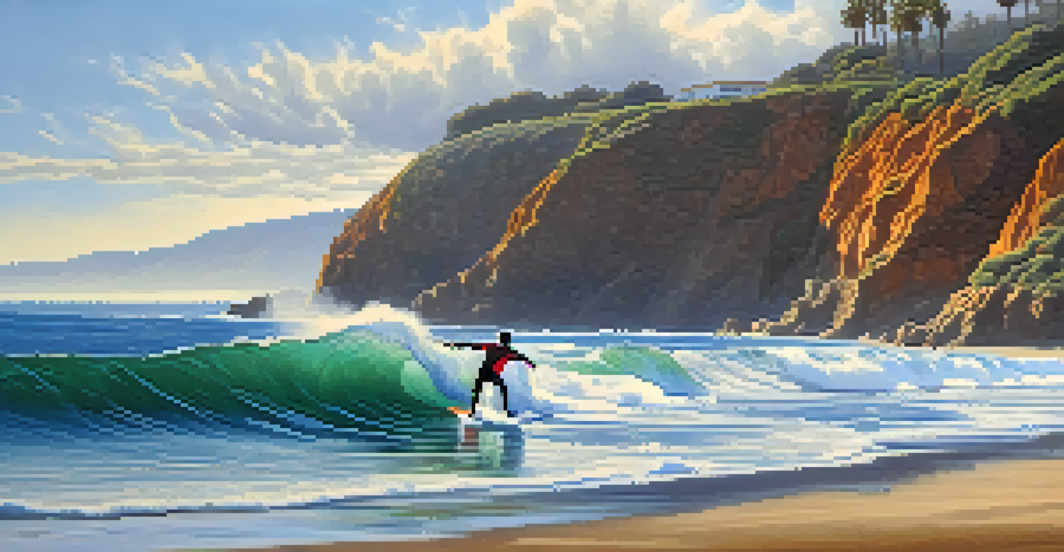 An intermediate surfer riding a wave at Point Dume, with dramatic cliffs and sunlight illuminating the scene.