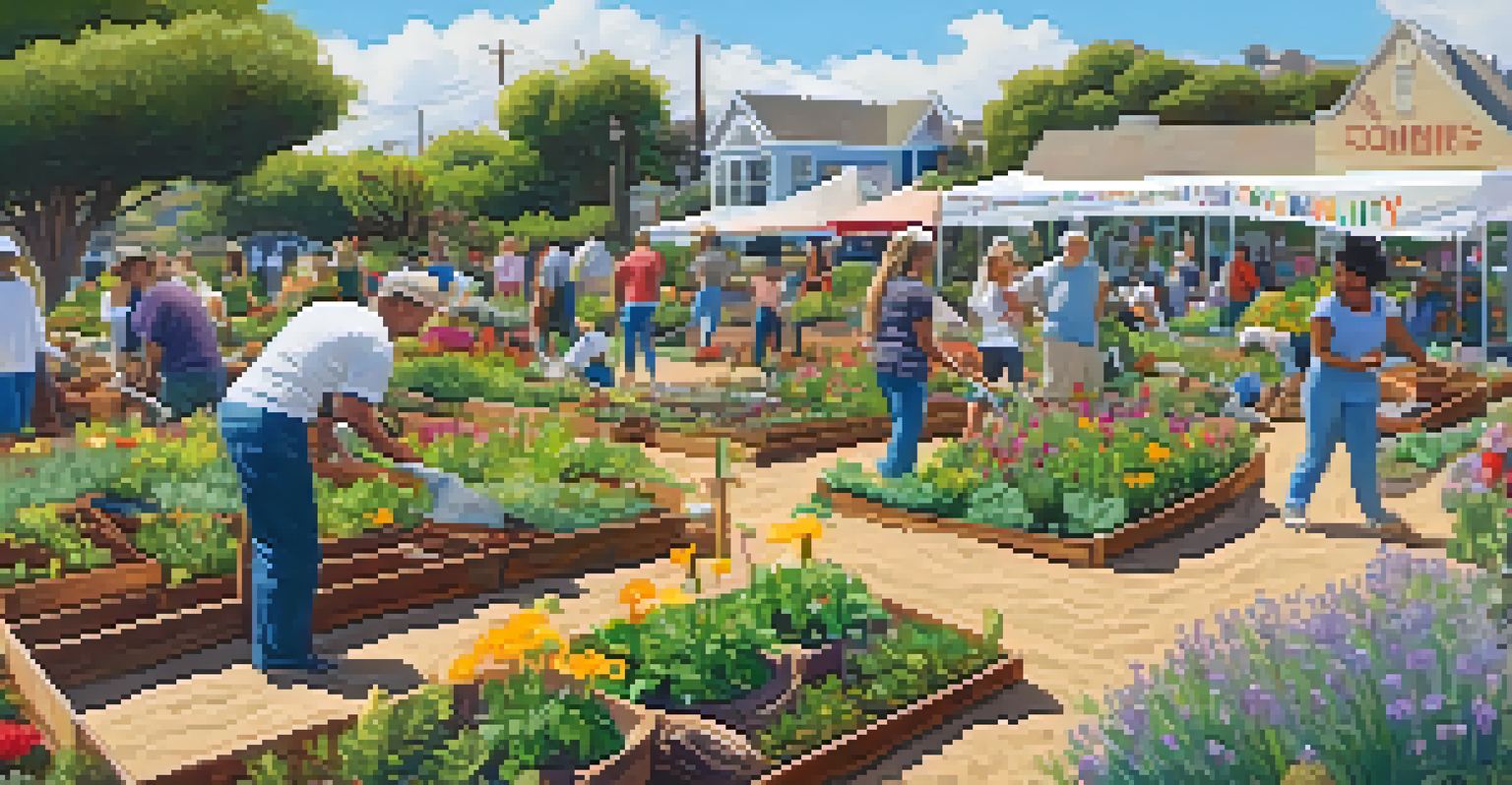 Residents engaged in planting native plants in a community garden in Malibu, with colorful flowers and a banner in the background.