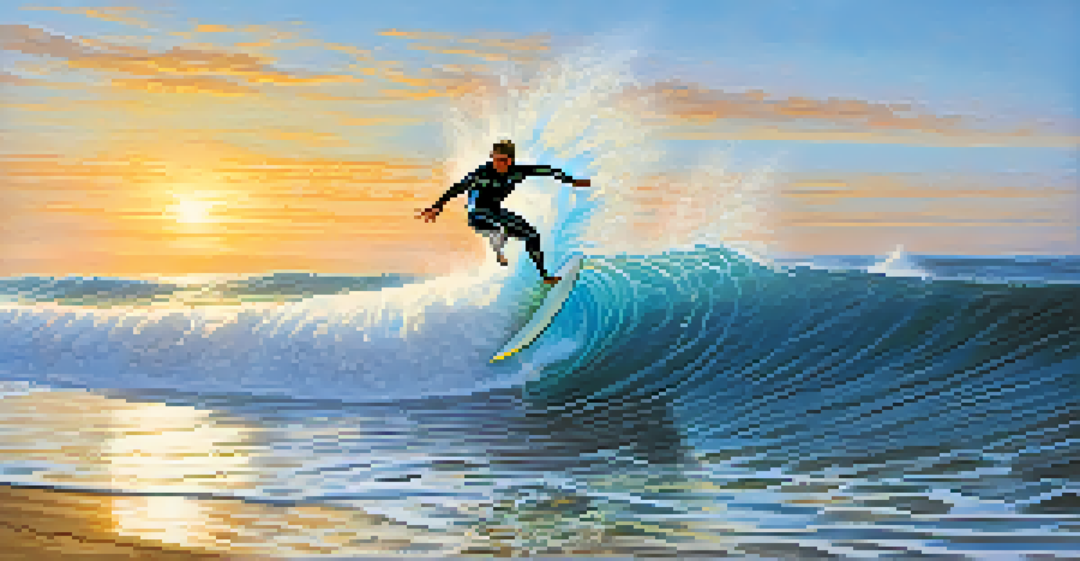 A surfer catching a wave at Malibu, mid-air with water splashing around, under a bright sun.