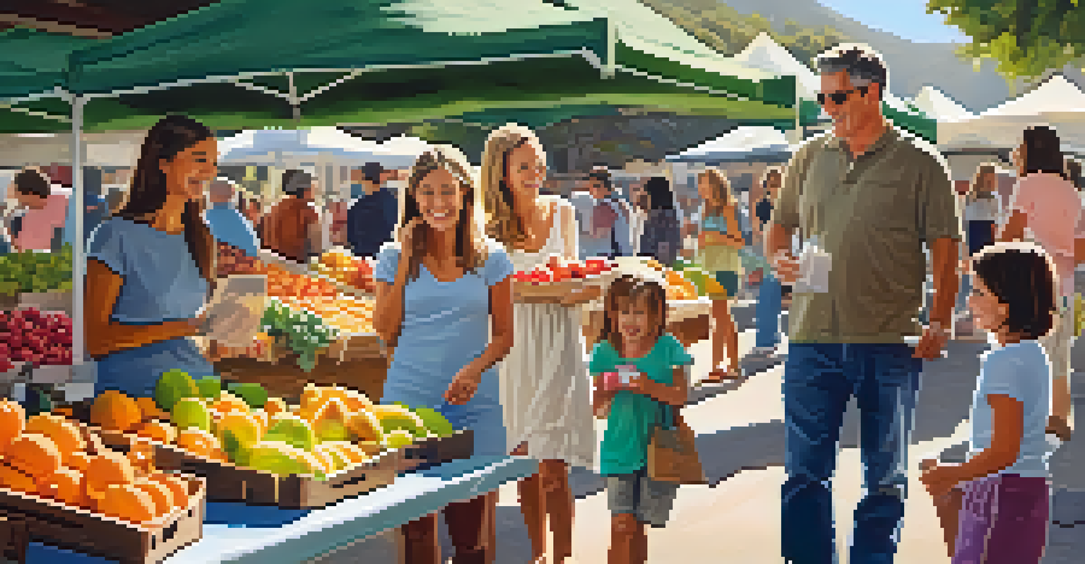 A family with children happily sampling fresh fruits at a farmers market.