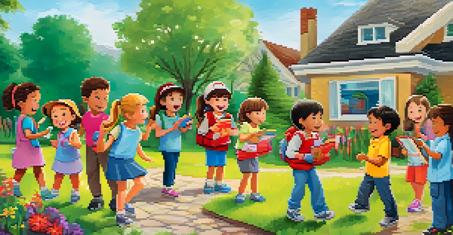 Children happily engaging in a scavenger hunt for fire safety items in a colorful garden.