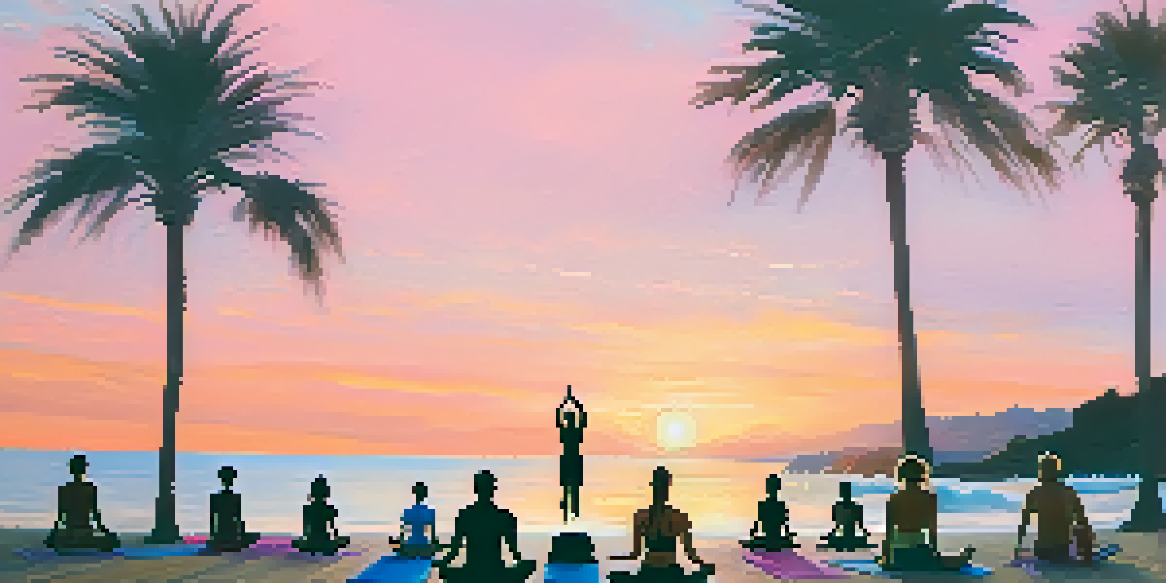 A diverse group of yogis practicing yoga on a Malibu beach during sunrise, with pastel-colored skies and ocean waves.