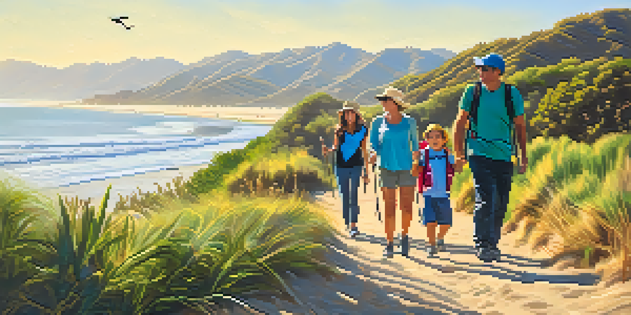 A family hiking on a sunny day at Malibu Lagoon State Beach Trail, with vibrant greenery and birds in the background.