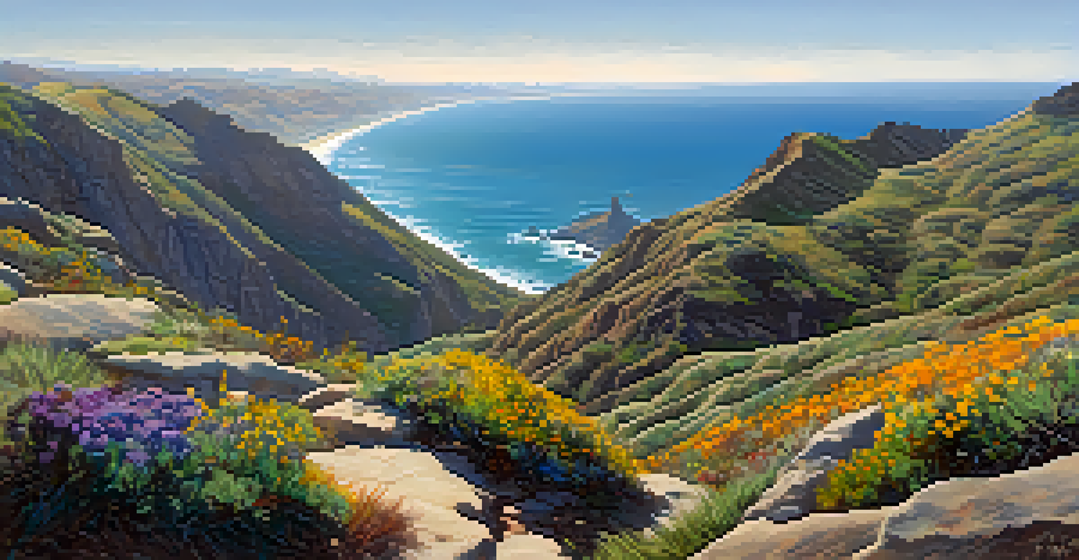 A panoramic vista from Sandstone Peak showing ocean views, rock formations, and a hiker enjoying the landscape.