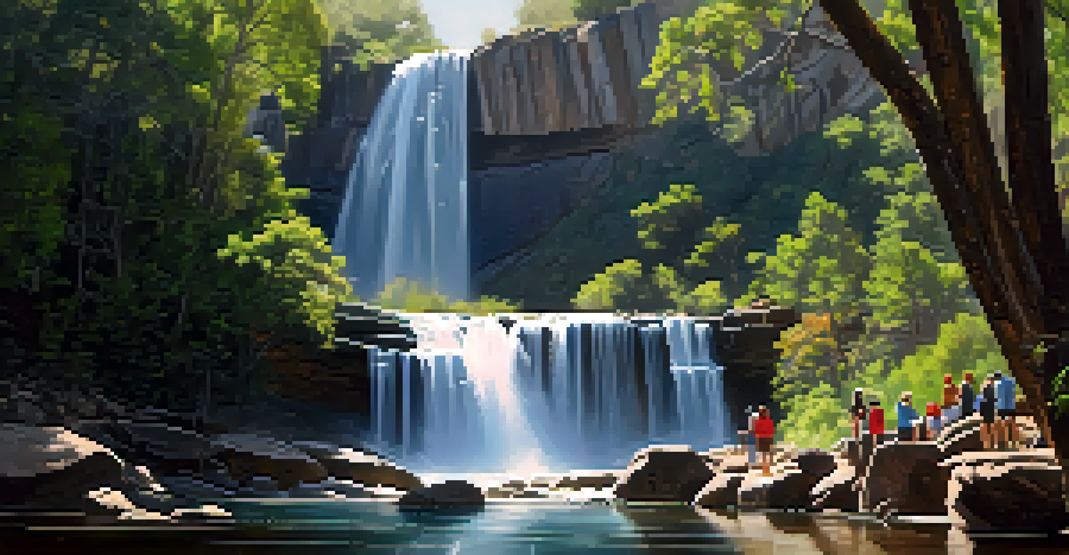 A beautiful waterfall at Escondido Falls, with lush plants and hikers taking photos in the foreground.