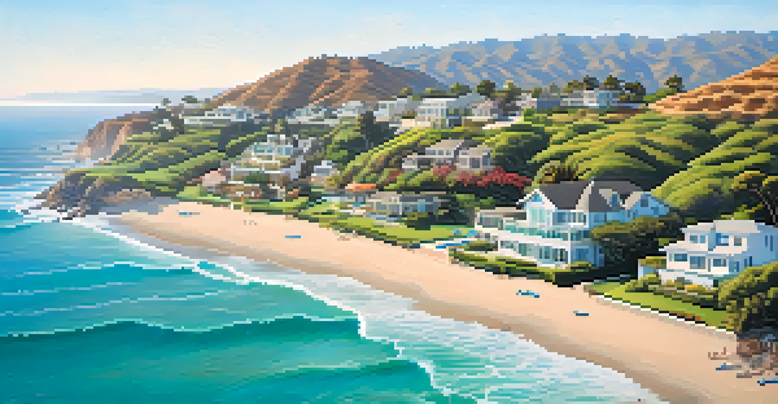 An aerial view of Malibu's coastline with luxury homes, turquoise waters, and surfers, surrounded by greenery.