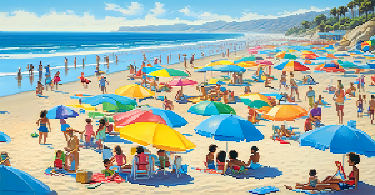 A family having fun at Zuma Beach with children in the water and a picnic set up on the sand.