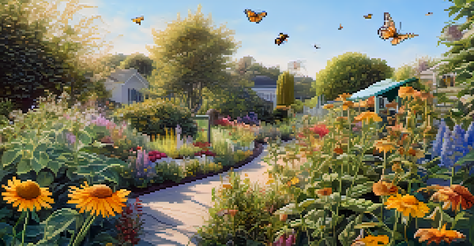 A close-up view of a community garden with native flowers and pollinators like bees and butterflies.