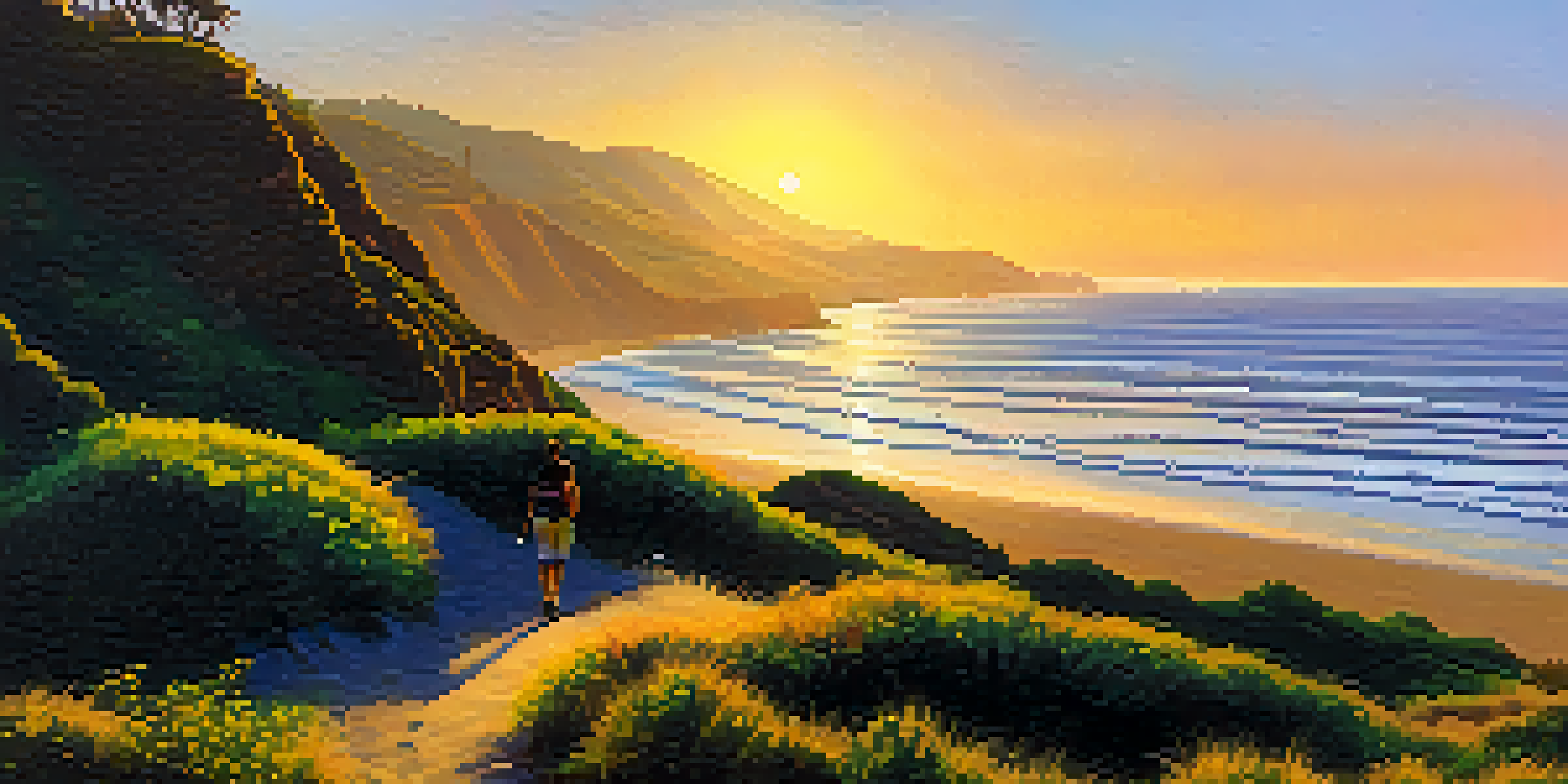 A person walking their dog at Malibu Bluffs Park during sunset, with the ocean and colorful sky in the background.