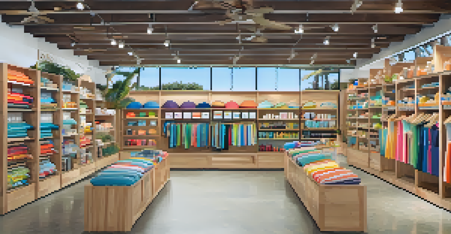 An eco-friendly beach gear shop with various sustainable products on display.