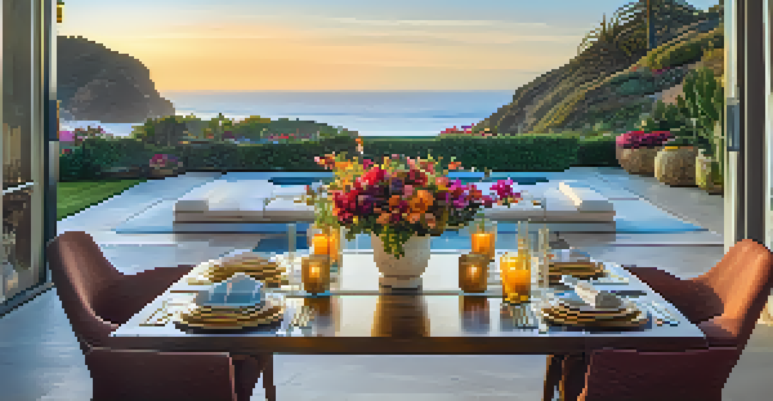Outdoor dining area of a luxury Malibu property with a view of the Pacific Ocean.