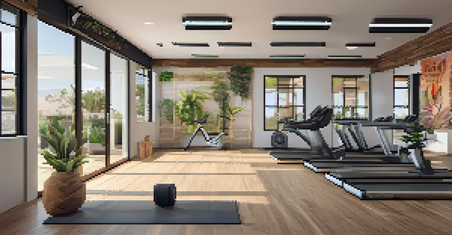 The interior of a trendy fitness studio with large windows, yoga mats, eco-friendly decor, and plants.