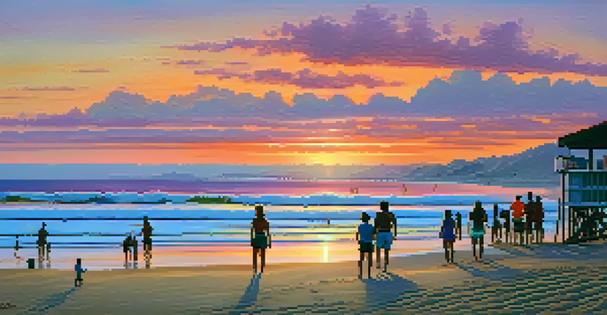 A sunset view of Zuma Beach with families on the sandy shore and colorful sky.