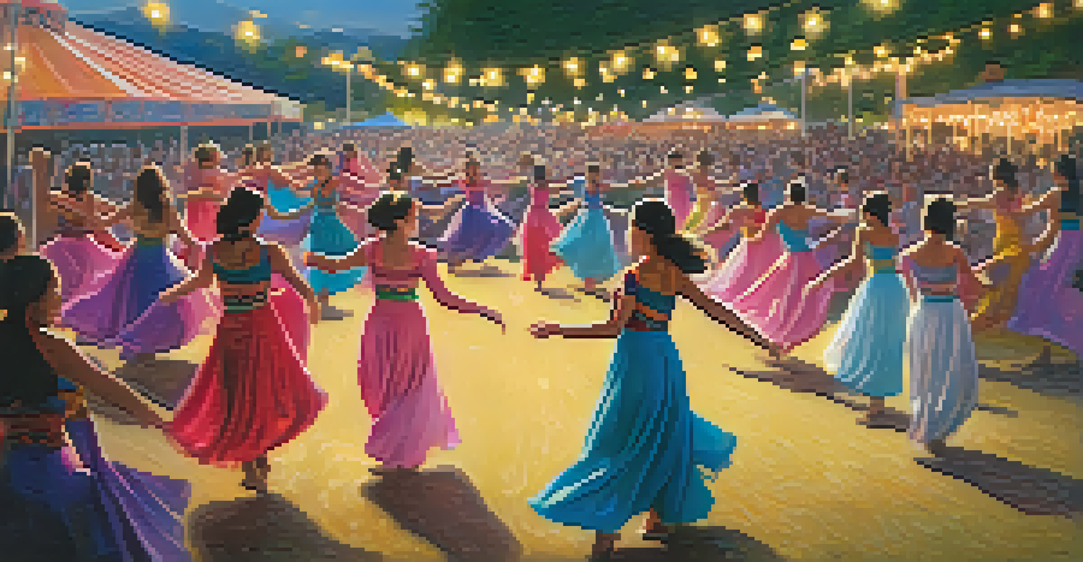 Dancers in traditional costumes performing at a festival in Malibu, with an engaged audience and festive decorations.