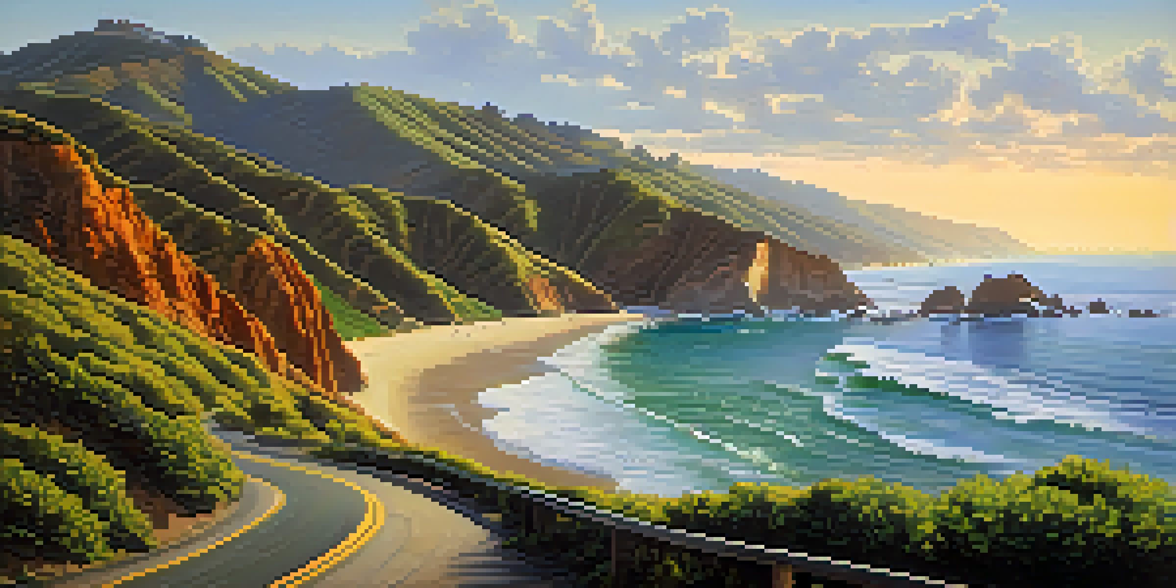 A scenic view of Malibu Coastal Drive with cliffs and beaches, illuminated by the sunset.