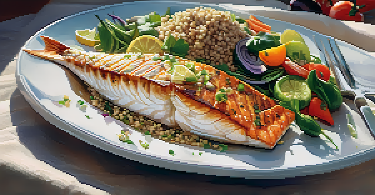 A beautifully arranged healthy meal with grilled fish and colorful vegetables on a plate.