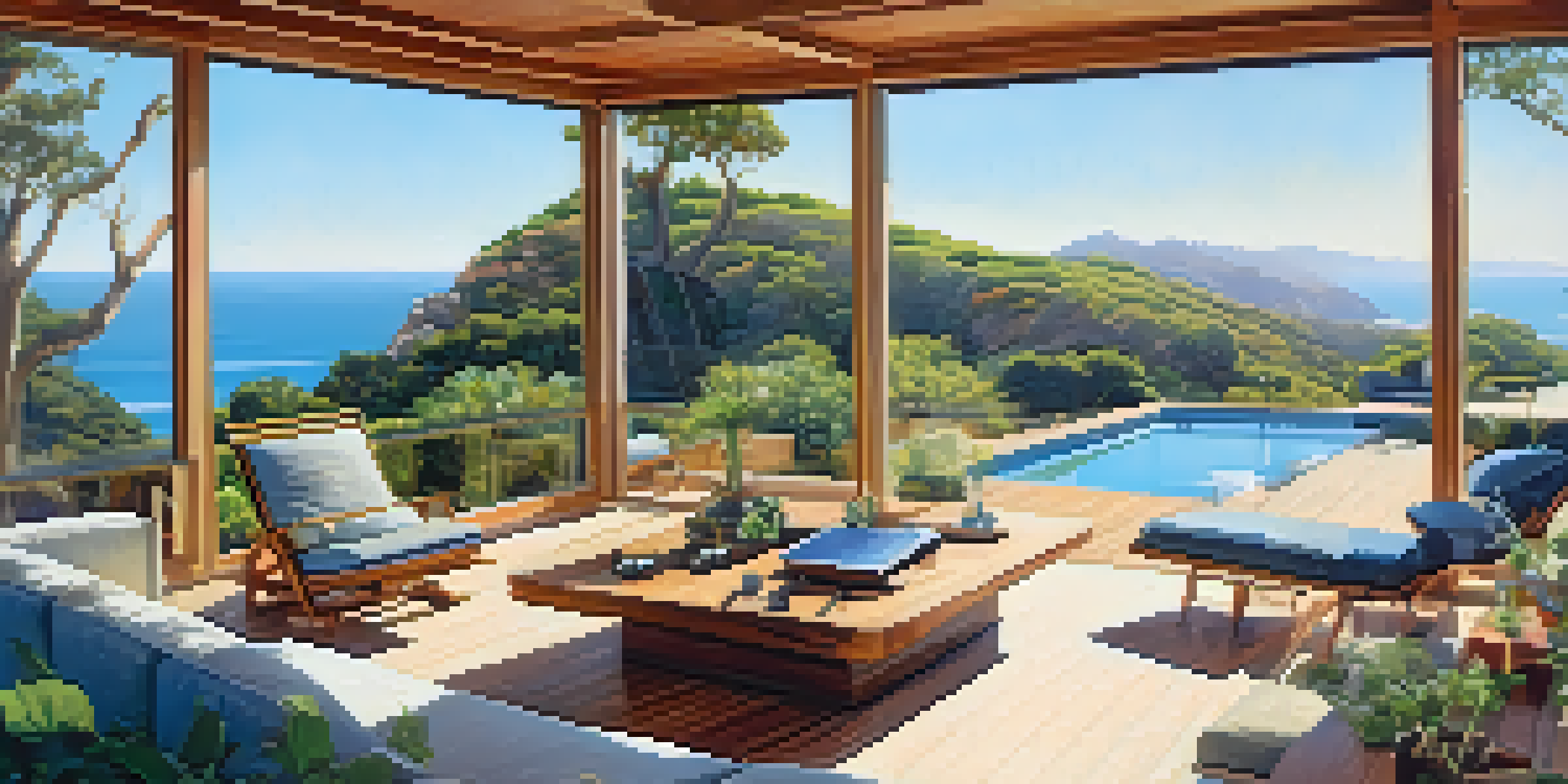 A modern eco-friendly house in Malibu with solar panels, large windows, and surrounded by greenery and ocean views.