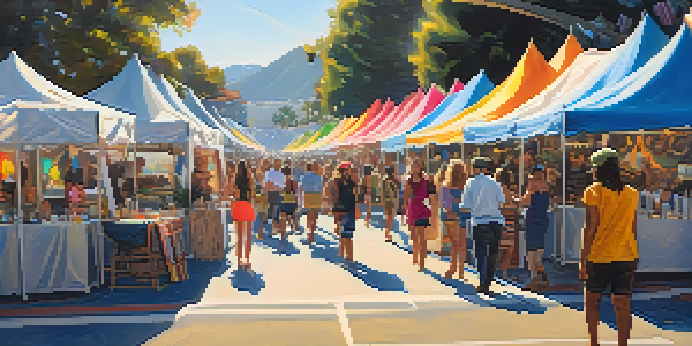 A colorful art festival in Malibu with local artists, food vendors, and musicians creating a lively atmosphere.