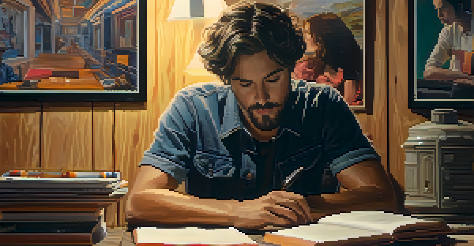 A filmmaker at a table, writing with notebooks and a laptop, surrounded by indie film posters.