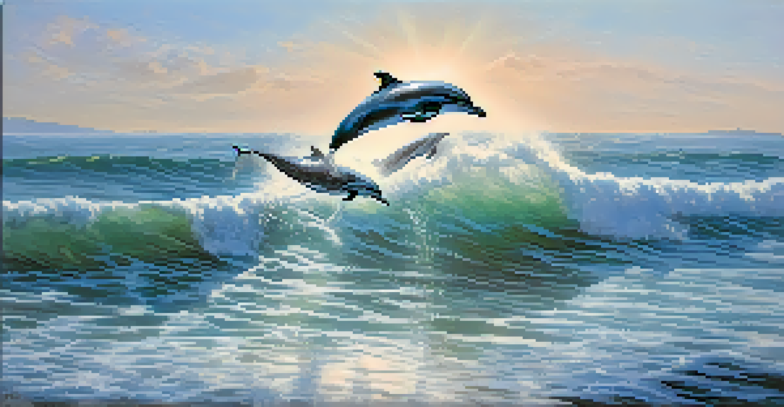A group of dolphins jumping out of the water, splashing in the sunlight with a coastal background.