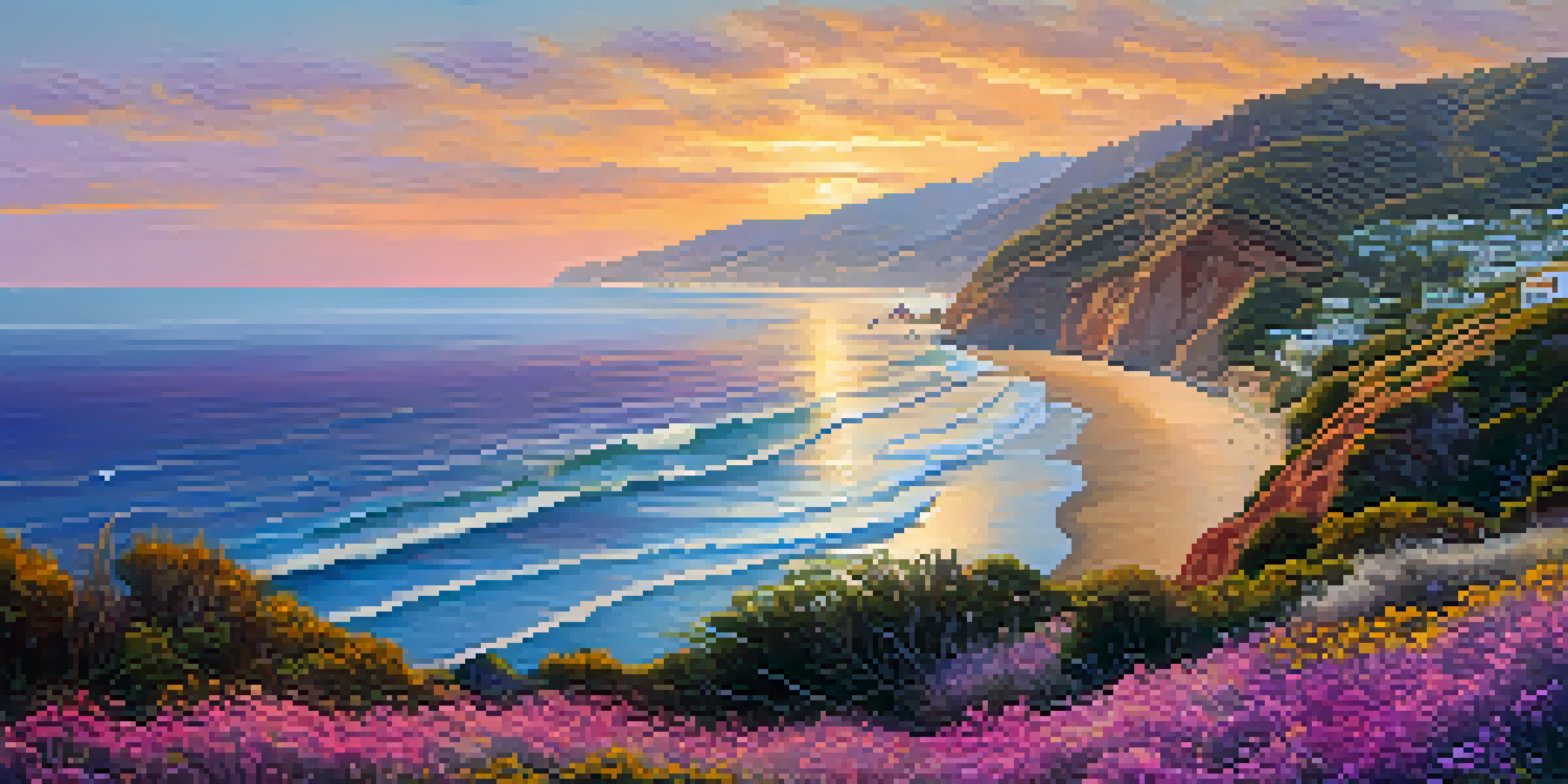 A stunning sunrise over Malibu's coastline, with colorful skies and gentle waves on the shore, featuring rocky cliffs and wildflowers.