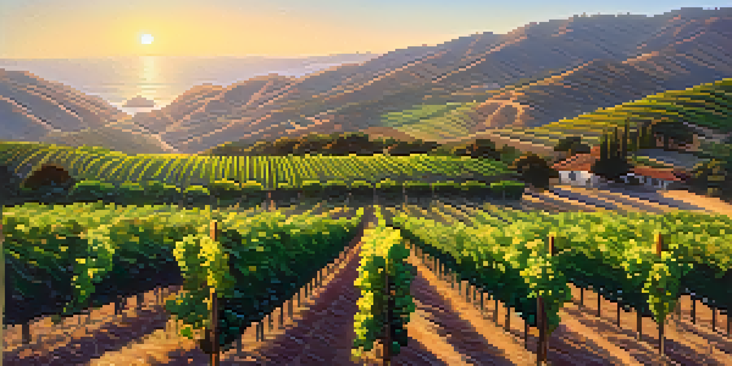 A scenic view of a Malibu vineyard at sunset, with rows of grapevines and clusters of ripe grapes.