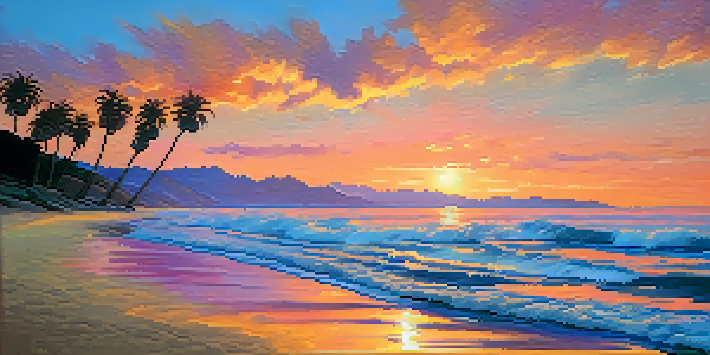 A beautiful sunset at Malibu Beach with vibrant colors reflecting in the ocean and silhouettes of palm trees.