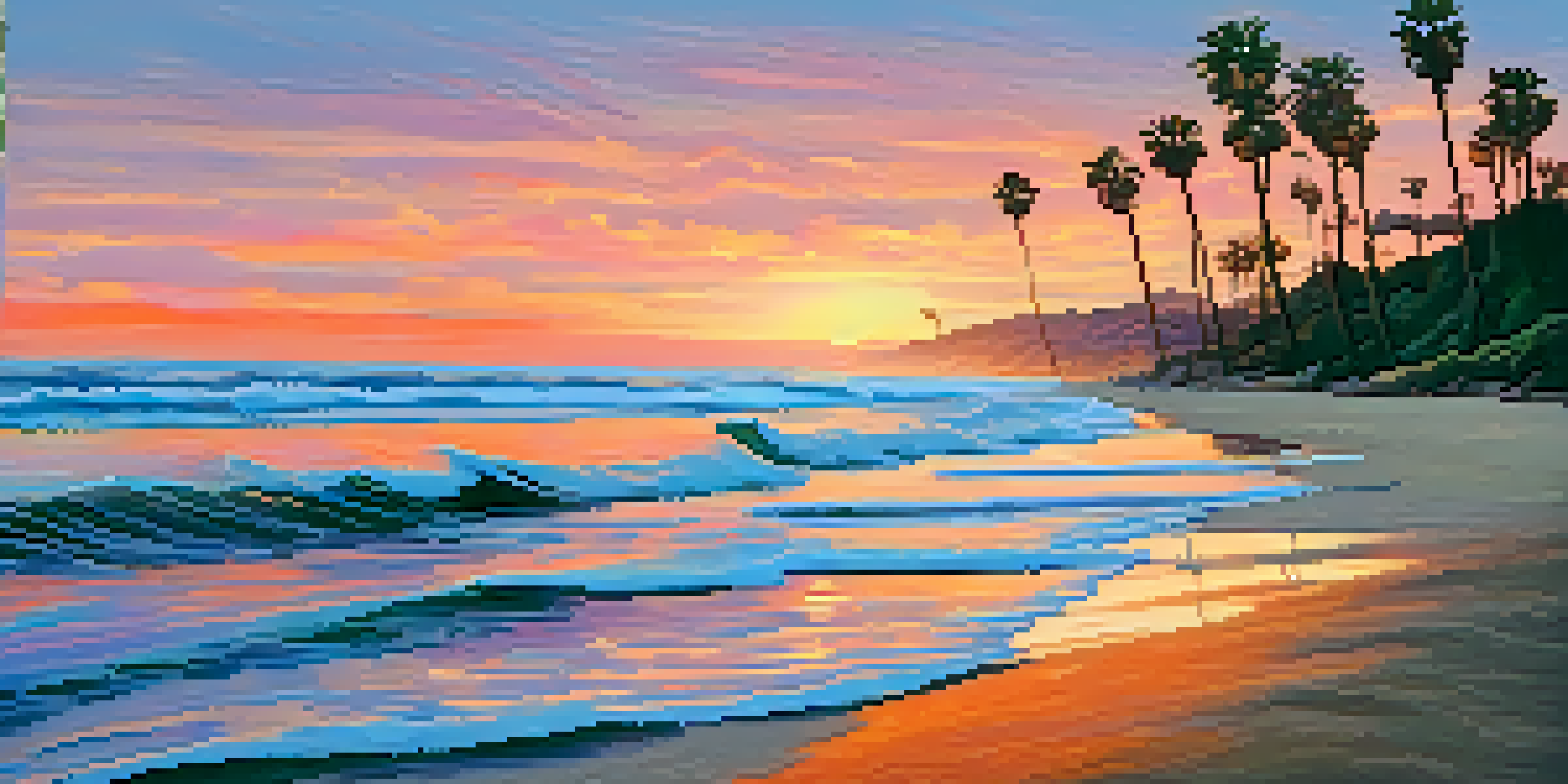 A picturesque sunset over Malibu's coastline, with colorful skies and gentle waves at the beach.