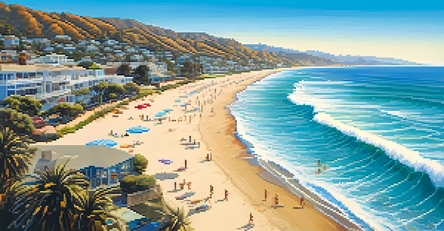 Aerial view of Malibu's coastline with surfers riding waves and beachgoers on the sandy shore under a bright blue sky.