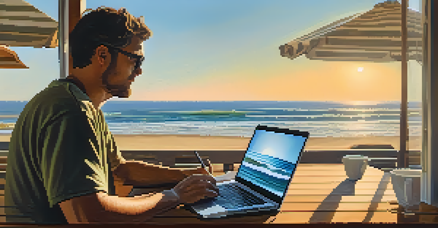 A close-up of a filmmaker editing a film on a laptop at a beachside café in Malibu with the ocean in the background, surrounded by film notes and a camera.