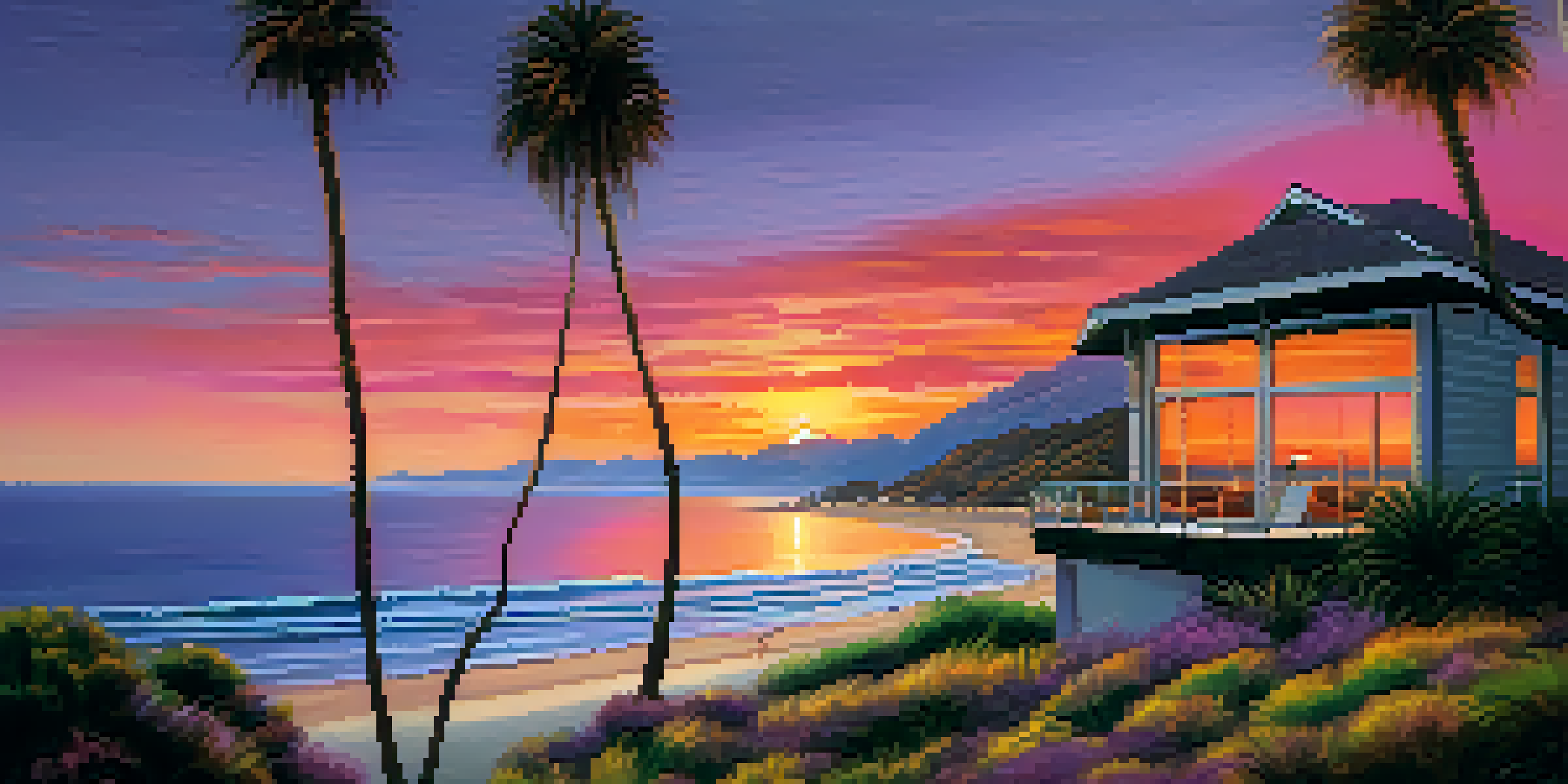 A sunset view over the ocean with vibrant colors and silhouetted palm trees, featuring a luxurious beach house along the shoreline.
