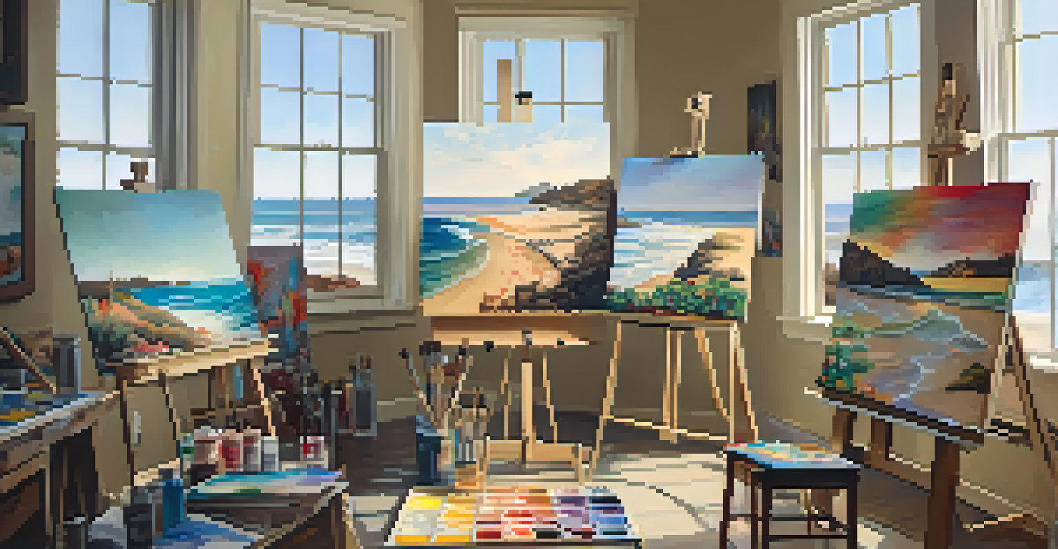 An artist's studio in Malibu showcasing colorful paintings and a canvas with a beach scene.