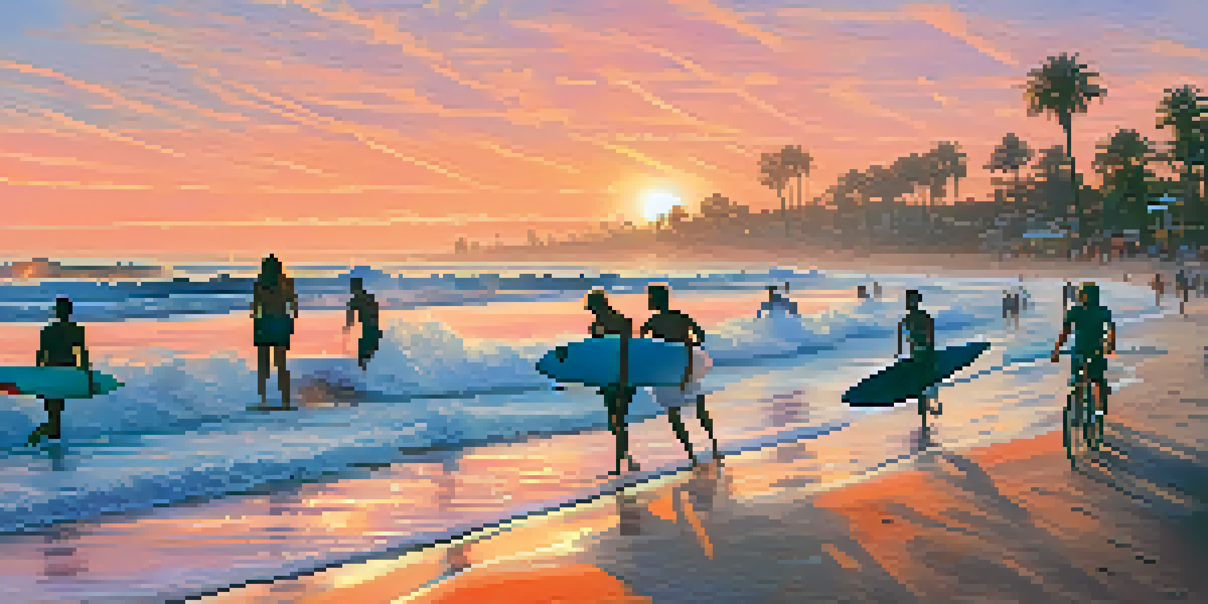 A beautiful sunset at Surfrider Beach with surfers riding waves and a colorful sky.