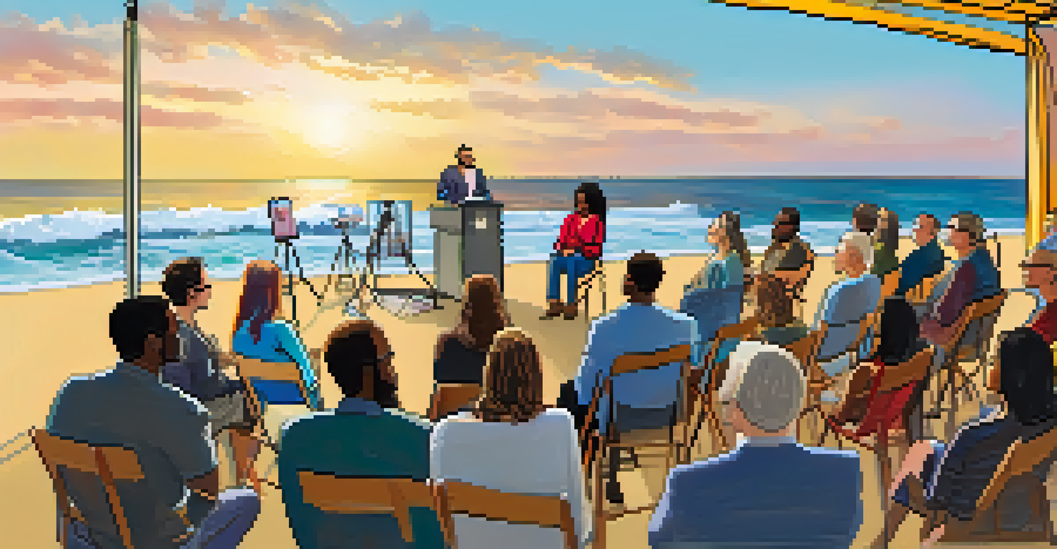 A diverse group of filmmakers discussing at a panel during a film festival in Malibu, with an ocean view in the background and an engaged audience.