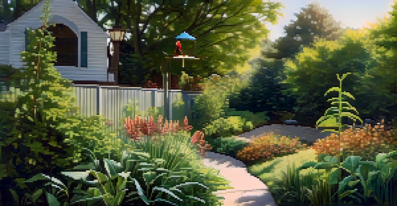 A peaceful garden filled with native plants, including milkweed and shrubs, with a bird feeder and a colorful bird perched nearby in dappled sunlight.