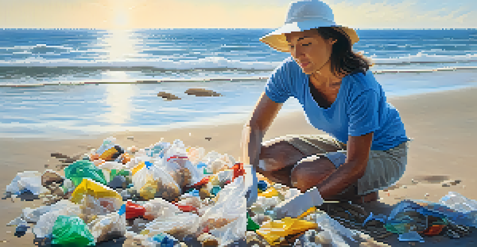 A volunteer wearing gloves and a sun hat picking up plastic waste from a Malibu beach, with the ocean in the background.