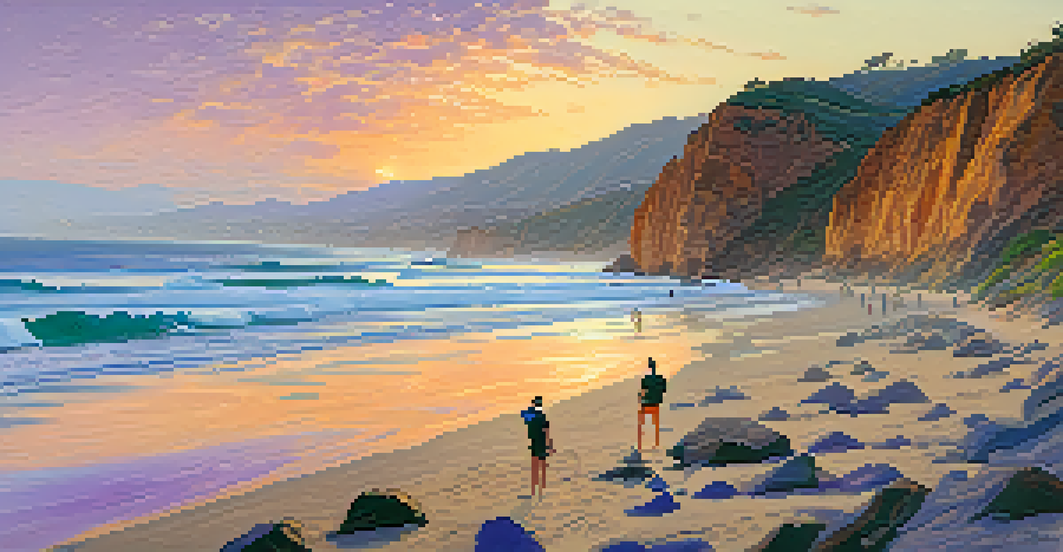 A stunning sunset over cliffs at Point Dume State Beach with people on the beach.