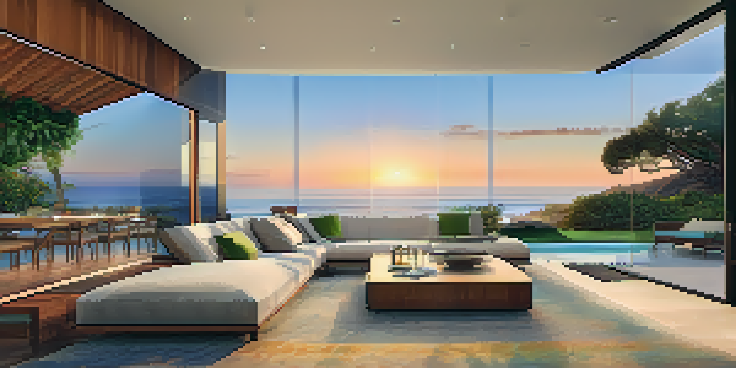 A mid-century modern home with large glass windows and a patio overlooking the Pacific Ocean at sunset.