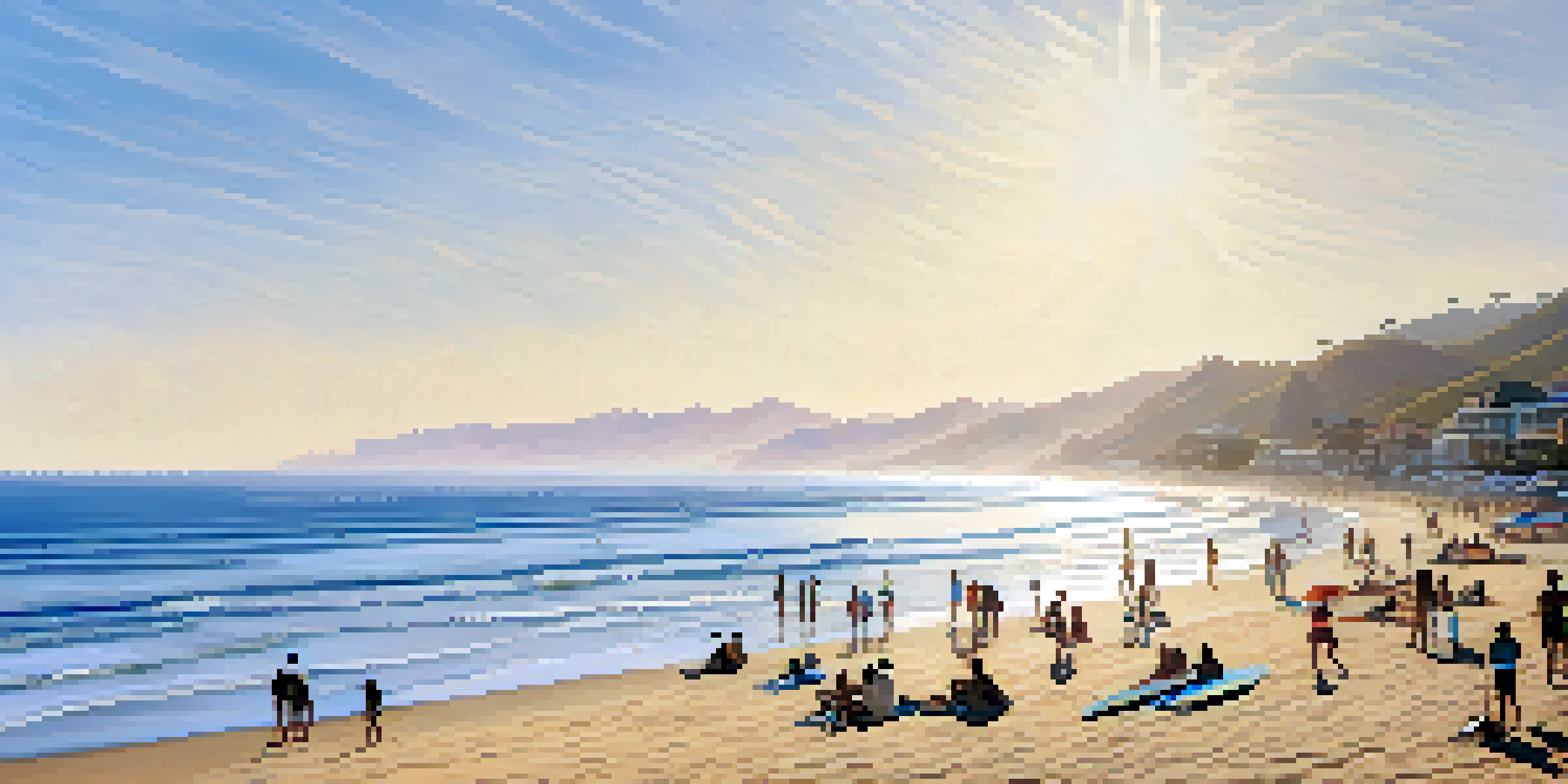 A calm Malibu beach with gentle waves, surfers in the distance, and people sunbathing under umbrellas.