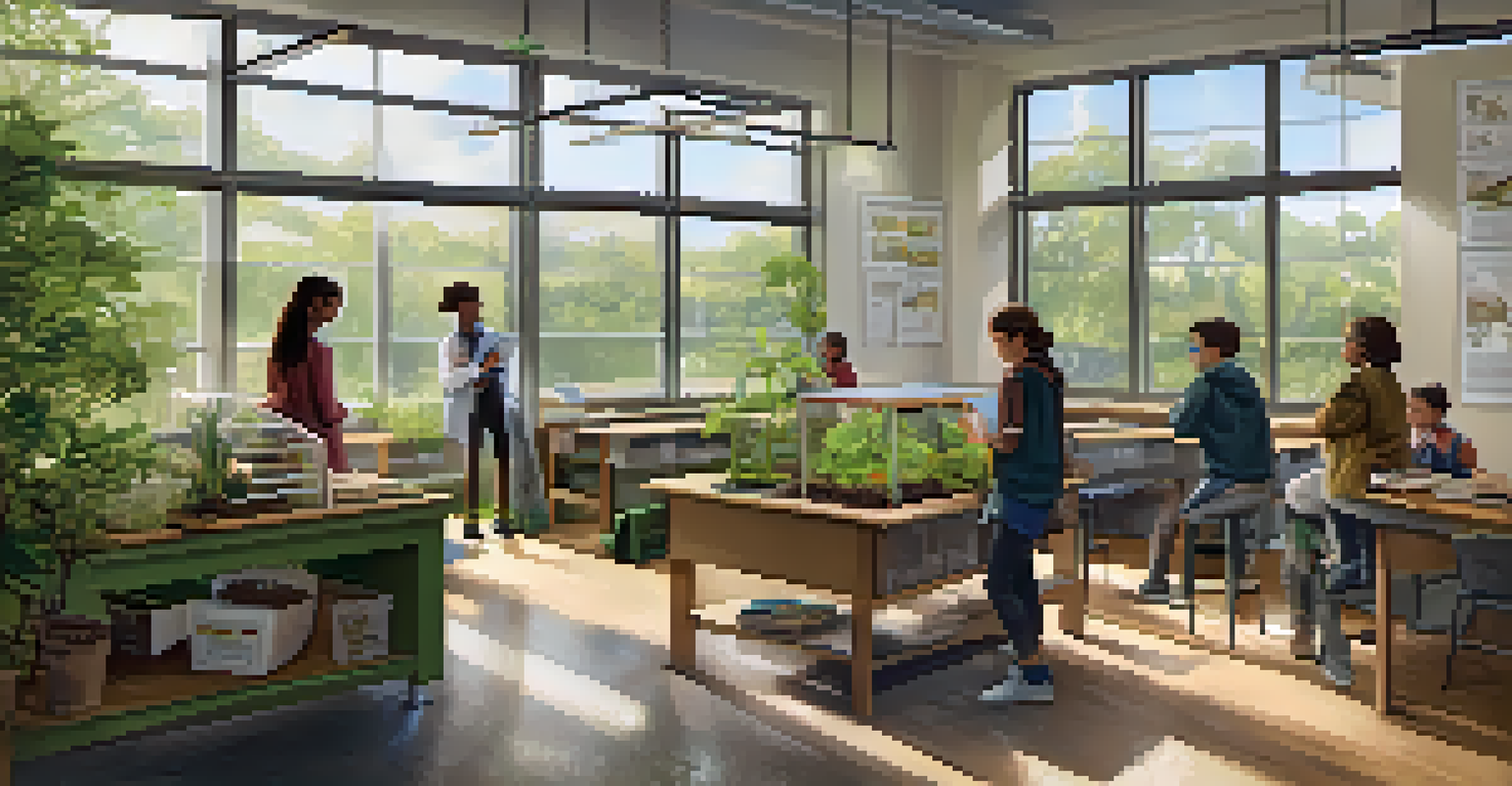 A classroom filled with students working together on a science project about local ecosystems, surrounded by plants and educational posters, with natural light streaming in.