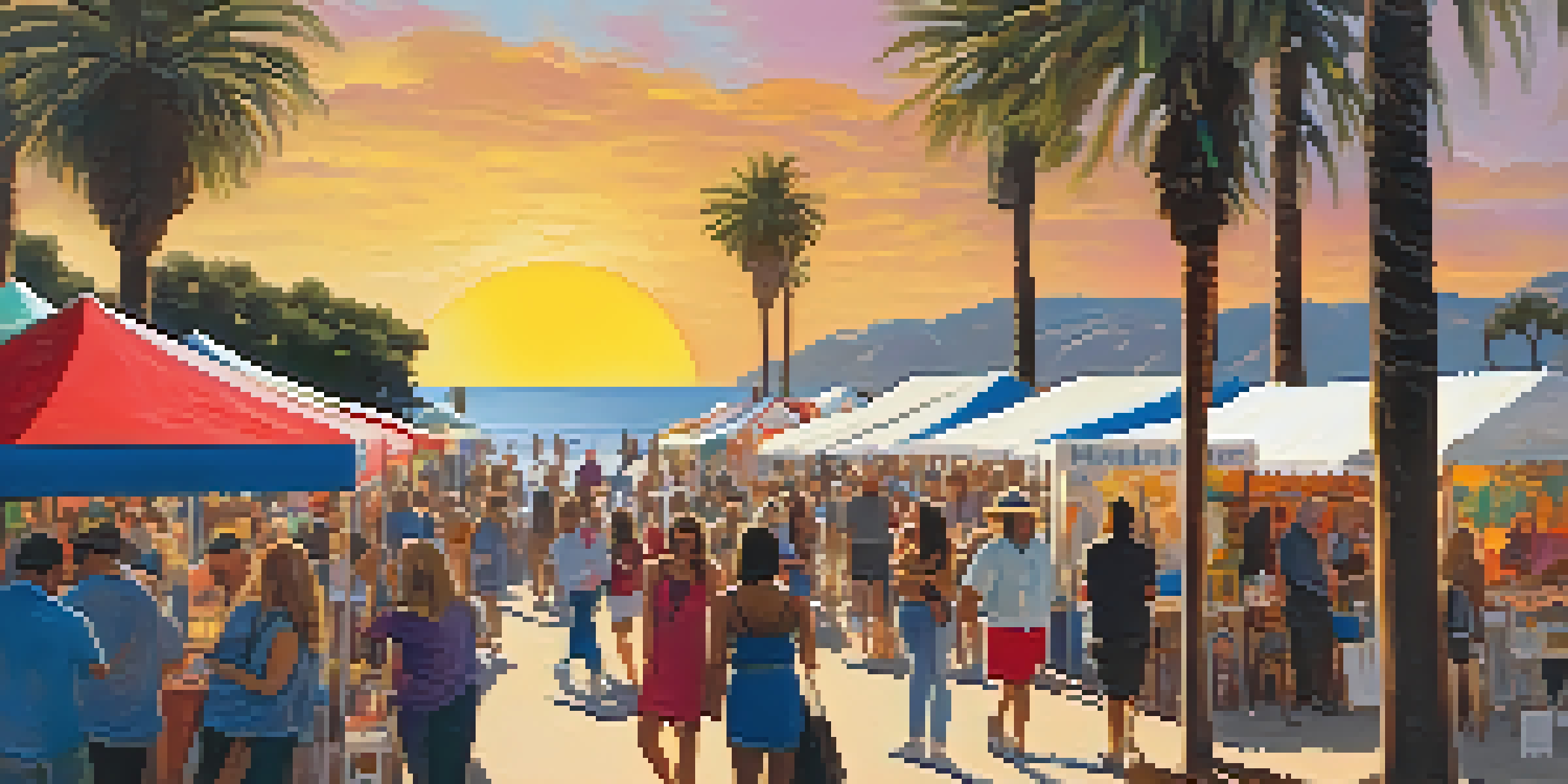 A lively outdoor art festival in Malibu with colorful booths, artists, and live musicians, surrounded by palm trees.