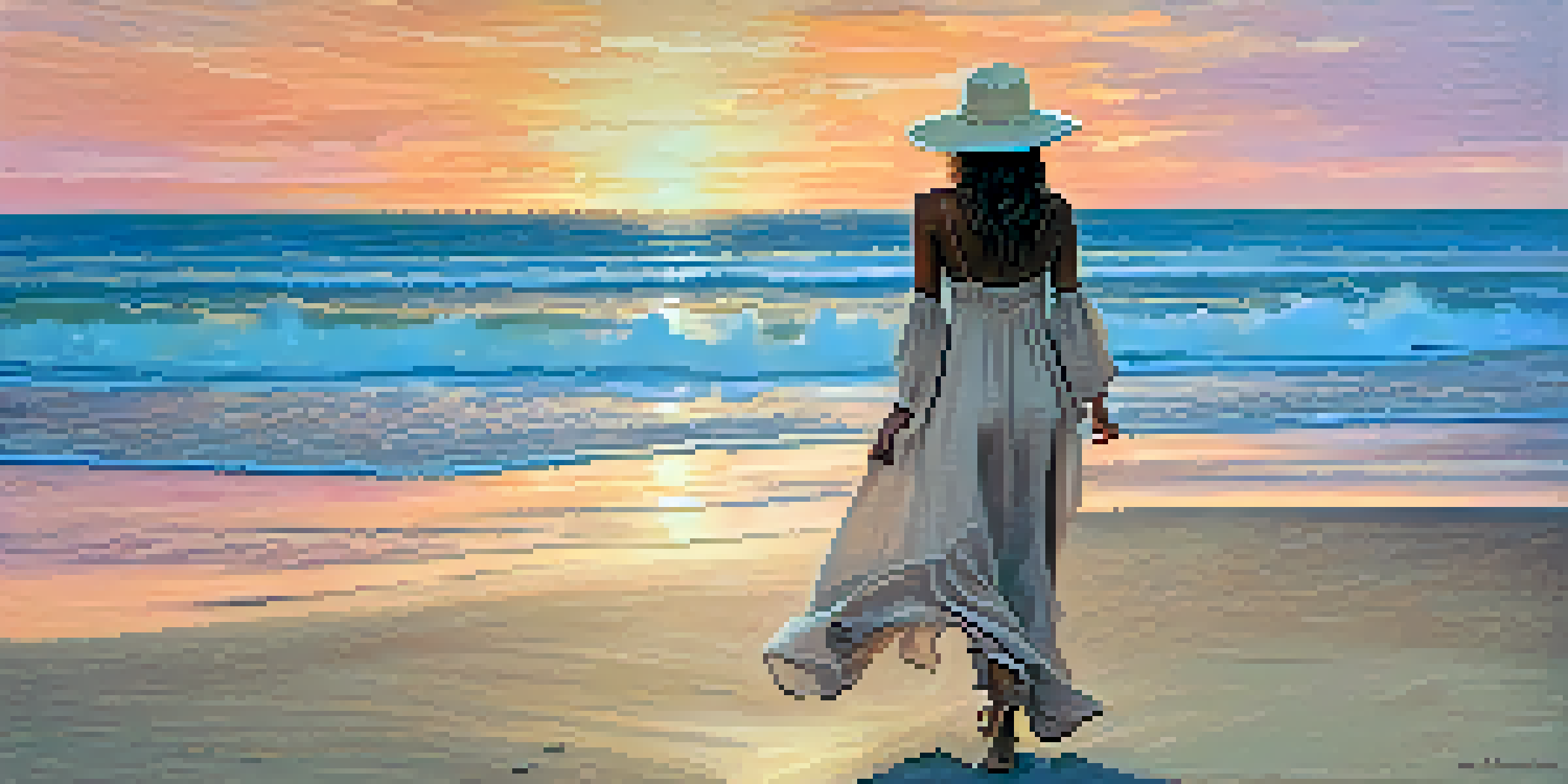 A model in a beige maxi dress on a beach at sunset, wearing sunglasses and a wide-brimmed hat, with waves in the background.