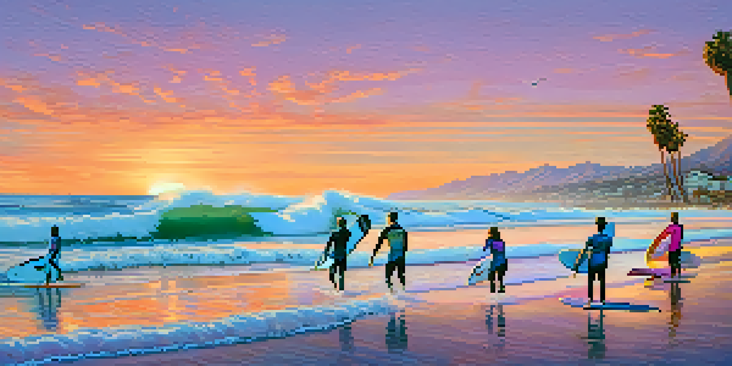 Surfers riding waves in Malibu at sunset with a colorful sky, showcasing a diverse community.