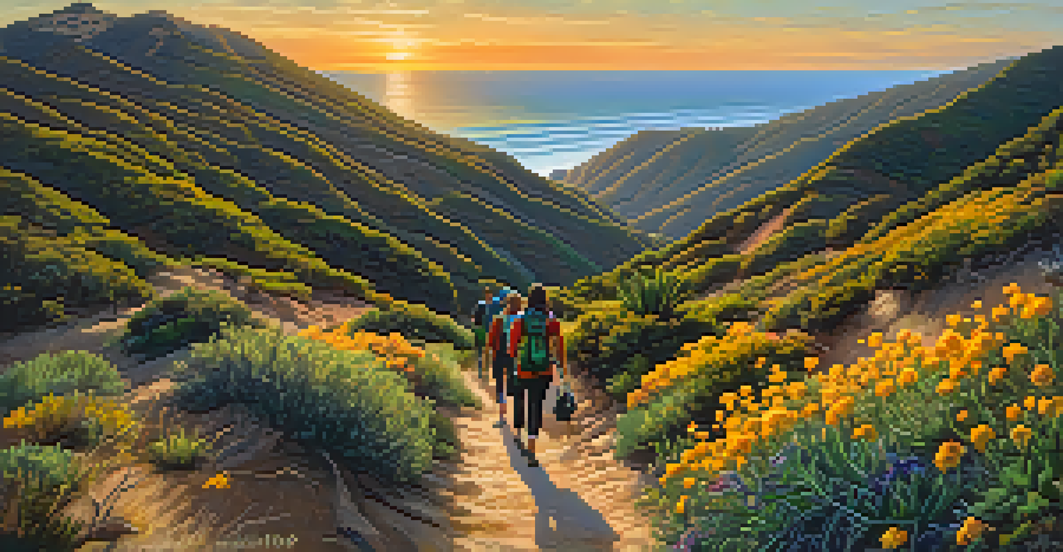 A panoramic view of the Backbone Trail featuring hills, wildflowers, and ocean views under a sunset sky.
