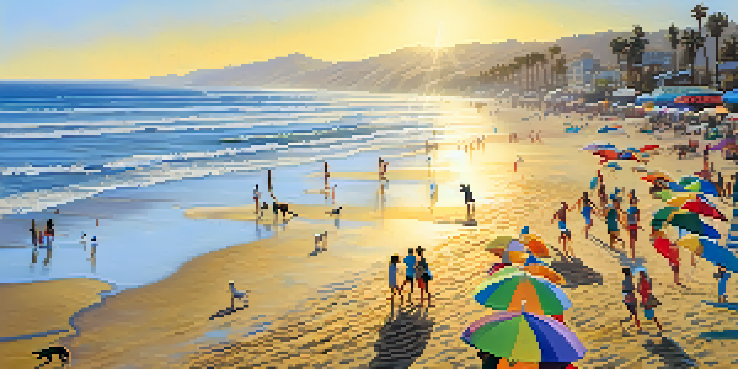 A lively beach scene at Zuma Beach with dogs playing in the surf and beachgoers relaxing under umbrellas.