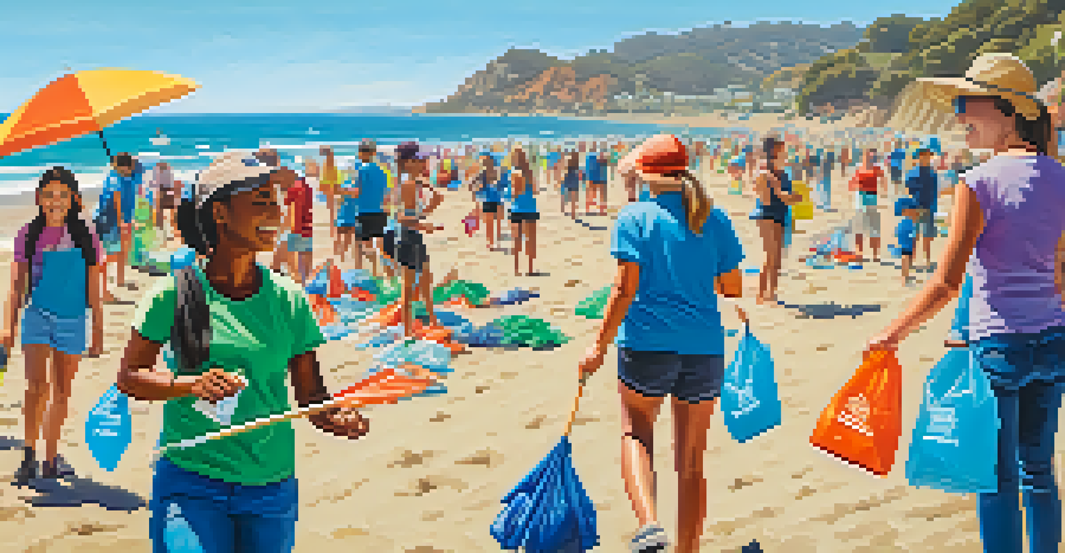 A community beach cleanup in Malibu with volunteers of all ages collecting trash, reusable bags filled with litter, and colorful beach umbrellas under a clear blue sky.